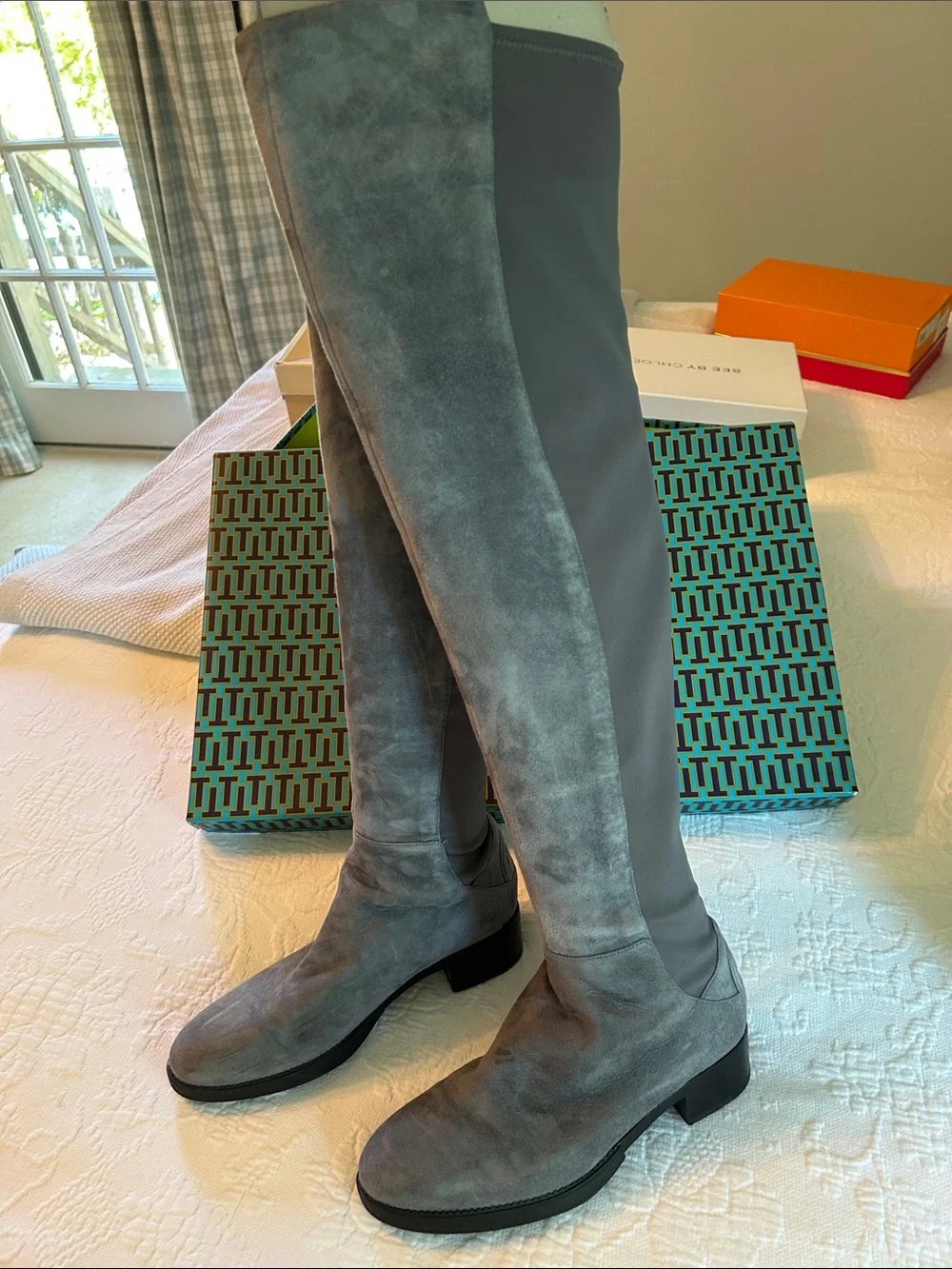 Tory Burch Over-the-Knee Suede Stretch Boots in Gray